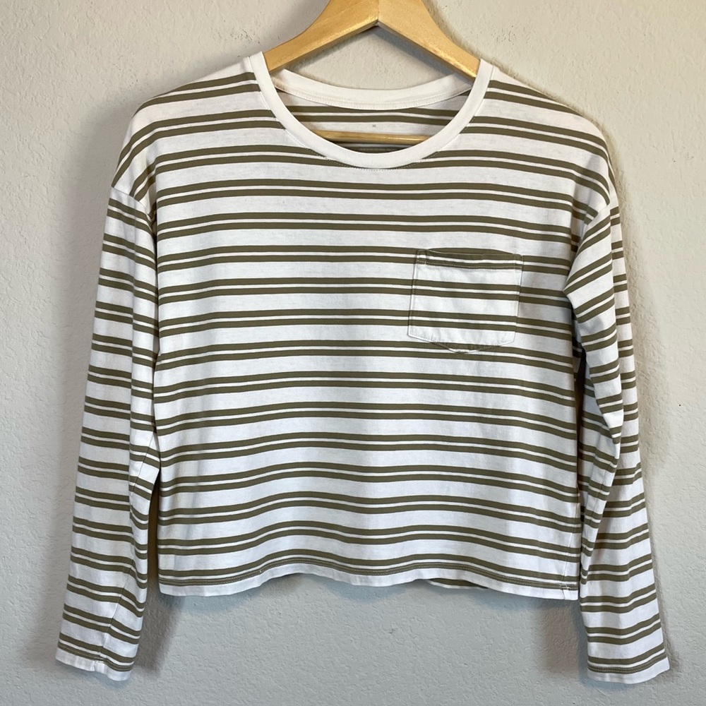 Everlane Long Sleeve Box Cut Pocket Tee Olive Green Tan Striped Shirt Size XS - Picture 2 of 10